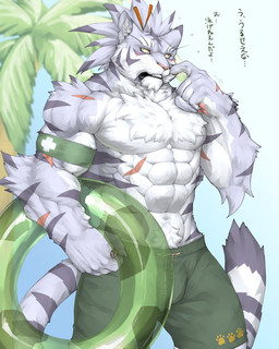 5_fingers abs anthro armband biceps biped clothed clothing fingers fur grey_body grey_fur hair humanoid_hands inflatable male markings multicolored_body multicolored_fur muscular muscular_anthro muscular_male navel pawpads pecs pink_nose pool_float pubes scar solo striped_markings striped_tail stripes tail tail_markings text tied_hair topless two_tone_body two_tone_fur white_body white_fur captainjohkid cygames world_flipper nimbus_(world_flipper) felid mammal pantherine tiger 2020 4:5 hi_res japanese_text translation_request