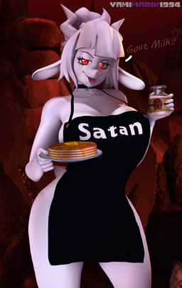 anthro apron apron_only bedroom_eyes big_breasts breasts clothing collar curvy_figure detailed_background dialogue eyelashes female fingers food fur hair horn huge_breasts looking_at_viewer markings milk mole_(marking) mostly_nude narrowed_eyes pancake red_eyes seductive short_hair smile solo standing talking_to_viewer teeth text text_on_apron text_on_clothing thick_thighs tongue tongue_out white_body white_fur white_hair wide_hips yamimarik1994 aeridiccore_(modeler) helltaker goat_lucifer_(helltaker) bovid caprine goat mammal 2021 3d_(artwork) absurd_res artist_name digital_media_(artwork) english_text hi_res source_filmmaker_(artwork)