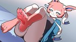 4_toes :3 anthro anthrofied barefoot blush bottomwear breasts cat_smile claws clothed clothing dutch_angle feet female foot_fetish foot_focus fur hair hindpaw hotpants humanoid_feet jacket leg_markings markings minishorts pawpads paws pink_body pink_feet pink_fur pink_hair pink_pawpads plantigrade plantigrade_pawpads pokemorph short_hair shorts sitting smug smug_expression smug_face socks_(marking) soles solo toe_claws toes topwear white_body white_fur hakkim nintendo pokemon eeveelution generation_6_pokemon mammal pokemon_(species) sylveon 16:9 cel_shading hi_res shaded widescreen