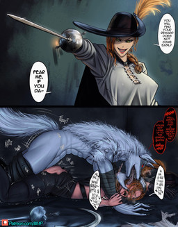 abs ambiguous_penetration anthro anthro_dominating_human anthro_penetrating anthro_penetrating_female anthro_penetrating_human black_bottomwear black_claws black_clothing black_pants blush bottomwear breasts cape cheek_lick claws cleavage clothed clothing crossgender defeat defeat_sex dominant dominant_male duo face_lick feather_hat female female_human female_on_anthro female_penetrated fur green_eyes hair hat headgear headwear human_on_anthro human_penetrated interspecies licking male male/female male_anthro male_dominating_female male_on_human male_penetrating male_penetrating_female male_penetrating_human melee_weapon mtf_crossgender pants penetration rapier red_eyes red_hair sex sickle speech_bubble submissive submissive_female sword tail text tongue tongue_out torn_bottomwear torn_clothing torn_pants two_panel_image weapon white_body white_fur iiimp dreamworks instant_loss_2koma puss_in_boots_(franchise) death_(puss_in_boots) puss_in_boots_(dreamworks) canid canine canis human mammal wolf 2023 english_text hi_res