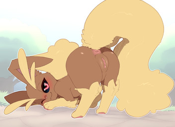 all_fours anus arched_back ass_up blush brown_body butt female feral fur genitals hair lidded_eyes looking_at_viewer one_eye_closed outside paws pink_eyes pink_vulva plant presenting presenting_hindquarters sky smile solo tail tail_anus thick_thighs tree vulva backsash nintendo pokemon generation_4_pokemon lagomorph lopunny mammal pokemon_(species) 2024 digital_media_(artwork) hi_res