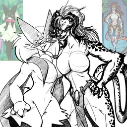 anthro biped duo female female/female yougrover dc_comics nintendo pokemon cheetah_(dc) generation_9_pokemon humanoid meowscarada pokemon_(species) 1:1 2026 black_and_white crossover digital_drawing_(artwork) digital_media_(artwork) monochrome reference_image
