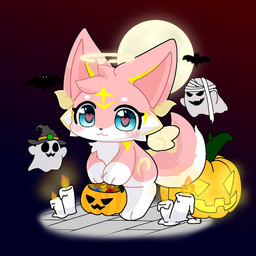 bat_(object) blush candle candy dessert eyes_closed female feral food fruit fur halo head_markings holidays looking_at_viewer markings moon multicolored_body multicolored_fur one_eye_closed paws pink_body pink_fur plant pumpkin solo toony white_body white_fur wings neisawa halloween neisawa(neisawawww) canid canine fox mammal 1:1