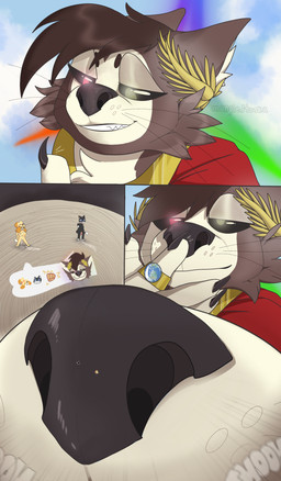 anthro armor big_nose bodily_fluids boop bracers breasts cape challenge challenging cheek_tuft cloak clothing crown cum cum_while_flaccid dominant ejaculation facial_tuft female fighting_pose fingers genital_fluids genitals halo headgear heterochromia humiliation lactating leaf leaf_crown macro male mask mask_only micro nose_boop nude penis pose smothering smug snout squish toga tuft mangledtoska animal_crossing nintendo persona_(series) persona_5 isabelle_(animal_crossing) kralex morgana_(persona) canid canine canis domestic_cat domestic_dog felid feline felis mammal shih_tzu toy_dog absurd_res comic hi_res