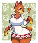 anthro big_breasts black_eyes black_nose blush breasts brown_body brown_fur clothing curvy_figure dress eyelashes female fur hair hoof_hands hooves hourglass_figure huge_breasts huge_thighs mature_anthro mature_female pattern_background pink_ears pupils reference_image scut_tail short_tail simple_background small_tail smile solo tail tan_body tan_fur thick_thighs white_clothing white_dress white_pupils wide_hips yellow_hooves paperrose animal_crossing nintendo fauna_(animal_crossing) deer mammal hi_res