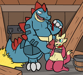 anthro bdsm belly blush bodily_fluids bondage bound claws collar duo erection female feral genital_fluids genitals inside kneeling leash male male/female penis precum slightly_chubby smile vulva trout_(artist) nintendo pokemon crocodilian feraligatr generation_2_pokemon generation_5_pokemon mammal mienfoo pokemon_(species) reptile scalie 2018 aliasing digital_media_(artwork)