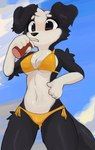 bikini clothing container cup drinking female hand_on_hip sipping solo swimwear two-piece_swimsuit yellow_bikini yellow_bikini_bottom yellow_bikini_top yellow_clothing yellow_swimwear fumicake delta_(elibear) border_collie canid canine canis collie domestic_dog herding_dog mammal pastoral_dog sheepdog hi_res