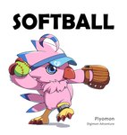 anklet anthro ball bandai_namco baseball_(ball) baseball_glove beak biyomon blue_eyes claws clothing digimon digimon_(species) feathers female hat headgear headwear jewelry op7804620 pink_body pink_feathers pitching softball solo visor_cap