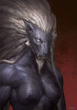 anthro beard blind breasts disability facial_hair fangs female grey_body hair mane mane_hair muscular muscular_anthro muscular_female nipples red_background sideburns simple_background solo teeth white_hair vizsla_(artist) demon felid lion mammal pantherine signature
