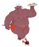 anthro belly big_belly bottomwear bulge clothing male moobs navel nipples overweight overweight_male shorts simple_background solo waiter manlyster calf_(disambiguation) 2022 hi_res