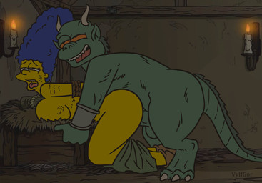 balls bdsm blue_hair bondage bound duo female forced from_behind_position genitals green_body hair half-closed_eyes horn male male/female mostly_nude narrowed_eyes open_mouth penis rape rope sex side_view yellow_body vylfgor the_simpsons marge_simpson demon human mammal hi_res