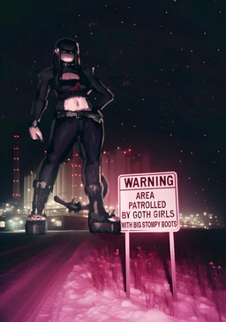 accessory alternative_fashion anthro arm_tuft bangs belt biped black_body black_fur black_hair black_nails boots bottomwear bracelet building clothed clothing collar colored_nails crop_top ear_piercing female female_anthro footwear fur furgonomics glowing glowing_eyes goth hair hand_on_hip jewelry long_hair looking_at_viewer macro macro_anthro macro_female midriff nails navel night outside pants piercing platform_boots platform_footwear road shirt shoes shoulder_tuft sky snow solo spiked_boots spiked_clothing spiked_collar spiked_footwear spiked_tailband spikes standing star starry_sky studded_belt studs tail tail_accessory tailband text toeless_boots toeless_footwear topwear tuft warning_sign redustheriotact beth_(redustheriotact) haplorhine mammal monkey primate 2025 colored english_text hi_res photo_manipulation translated