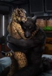 ambiguous_gender anthro bed bedroom black_body black_fur black_stripes brown_body brown_fur brown_spots butt comforting duo eyes_closed fur furniture hug inside male male/ambiguous nude romantic romantic_couple scared sitting spots standing stripes upset white_body white_fur hax_(artist) kenket lofi canid canine canis felid feline lynx mammal wolf 2015 hi_res