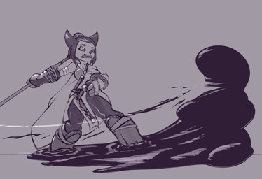 anthro armor breasts clenched_teeth clothing eyebrows eyelashes female hair hair_bun solo teeth gluepaw capcom dragon's_dogma gameoverse glitch_productions kit_bodega domestic_cat felid feline felis mammal 2026 monochrome