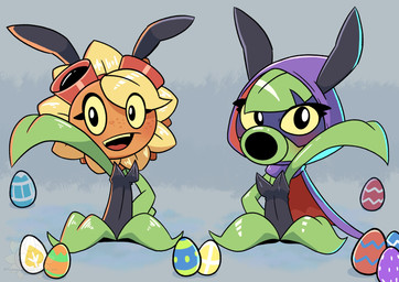 black_clothing black_eyes black_mouth blonde_hair blush bunny_costume cape clothing costume duo easter_egg eyelashes eyewear eyewear_on_head fake_ears fake_rabbit_ears female flower freckled_face freckles goggles goggles_on_head green_body green_hair grey_background hair hand_on_hip hand_on_own_hip holidays hood leaf leaf_arms leaf_hair long_eyelashes looking_at_viewer not_furry open_mouth open_smile orange_face petal_hair petals plant plant_hair pseudo_hair purple_cape purple_clothing purple_hood purple_mask red_eyewear red_goggles red_tongue simple_background siphon_(anatomy) smile smiling_at_viewer teeth tongue yellow_petals yellow_sclera yellow_teeth bruhmynameisdylan easter electronic_arts plants_vs._zombies plants_vs._zombies_heroes popcap_games green_shadow solar_flare_(pvz) elemental_creature flora_fauna flower_creature peashooter_(pvz) sunflower_(pvz) 2026 absurd_res cel_shading colored digital_media_(artwork) hi_res shaded