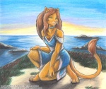 2007 anthro biped brown_hair choker clothed clothing dress ehm_ayla felid female hair jennifer_l_anderson jewelry kneeling lion long_hair mammal necklace outside pantherine sah'aaran seaside solo tail traditional_media_(artwork) yellow_eyes