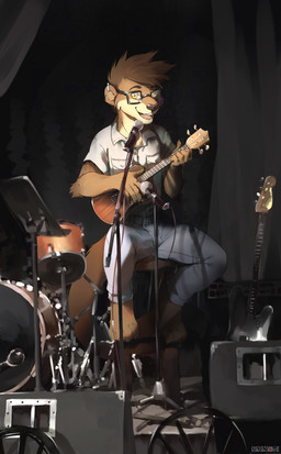 4_toes anthro barefoot bass_guitar biped claws clothed clothing drum drum_set ear_piercing electronics eyewear feet glasses guitar looking_at_viewer lute male microphone musical_instrument open_mouth paws percussion_instrument piercing playing_music plucked_string_instrument sitting smile solo string_instrument teeth toes tongue ukulele hihikori mammal mustelid otter hi_res