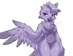 anthro biped breasts chest_tuft eyebrows eyelashes feathers featureless_breasts featureless_crotch female female_anthro grey_body grey_eyebrows grey_feathers grey_hair grey_tuft hair kemono looking_at_viewer multicolored_body multicolored_feathers navel non-mammal_breasts nude nude_anthro nude_female open_mouth open_smile purple_eyes purple_tongue realistic_wings simple_background smile smiling_at_viewer solo tongue tuft two_tone_body two_tone_feathers white_background wings 3rdperson_iz avian bird hi_res portrait three-quarter_portrait