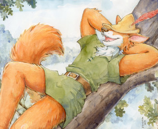 anthro belt brown_belt cheek_tuft clothed clothing facial_tuft fangs fur green_clothing hands_behind_head hat hat_over_eyes headgear headwear in_tree lying male obscured_eyes on_back open_mouth orange_body orange_fur outside plant solo teeth tree tuft yellow_clothing yellow_hat yellow_headwear akatan_art disney robin_hood_(disney) robin_hood canid canine fox mammal red_fox true_fox 2023 dated gouache_(artwork) hi_res painting_(artwork) signature traditional_media_(artwork) traditional_painting_(artwork)