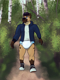 abdl anthro black_hair blue_eyes brown_body brown_fur clean_diaper clothed clothing diaper forest fur hair hiking hoodie male muscular outside pantsless plant pompadour solo tan_body tan_fur topwear tree elio_bones hyena mammal spotted_hyena 2025 3:4 absurd_res hi_res