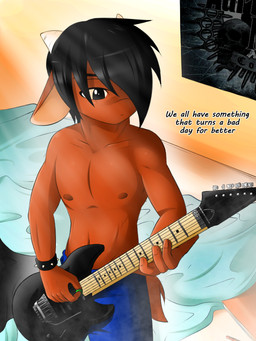 adolescent bed black_hair clothed clothing electric_guitar fur furniture guitar guitar_pick hair male musical_instrument musician plucked_string_instrument red_body red_fur slim solo string_instrument topless young fire_conejo animal_strife steve_rage bovid caprine goat mammal 3:4