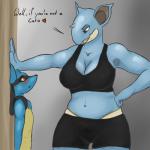 1:1 anthro athletic_wear big_breasts black_body black_bottomwear black_clothing black_fur black_inner_ear black_shirt black_shorts black_tank_top black_topwear blackbetty blue_body blue_eyes blue_fur blush bottomwear breasts canid canine cleavage clothed clothing comic dialogue duo english_text exercise_clothing eye_contact female fur generation_1_pokemon generation_4_pokemon grey_background hand_on_hip heart_symbol hi_res horn imminent_sex kabedon larger_anthro larger_female looking_at_another looking_down looking_up lucario male mammal midriff nidoqueen nintendo nude pokemon pokemon_(species) red_eyes shirt shorts simple_background size_difference smaller_anthro smaller_male tank_top text topwear yellow_body yellow_fur