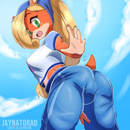 5_fingers anthro arched_back big_breasts big_butt biped black_nose blonde_hair blue_bottomwear blue_clothing blue_pants bottomwear breasts brown_body brown_fur butt clothed clothing cloud countershade_face countershade_fur countershade_hands countershade_torso countershading day eyebrow_through_hair eyebrows eyelashes eyelashes_through_hair female fingernails fingers fur green_eyes hair hand_on_leg hand_on_own_leg long_hair looking_at_viewer looking_back looking_back_at_viewer low-angle_view medium_breasts midriff nails open_mouth orange_body orange_fur outside pants presenting presenting_hindquarters raised_tail rear_view shirt short_tail side_view sky solo standing t-shirt tail tan_body tan_countershading tan_fur teeth text thick_thighs tongue topwear translucent translucent_hair white_clothing white_topwear wide_hips conditional_dnp jaynatorburudragon activision crash_bandicoot_(series) crash_of_the_titans coco_bandicoot bandicoot mammal marsupial 1:1 absurd_res artist_name digital_drawing_(artwork) digital_media_(artwork) hi_res portrait shaded signature three-quarter_portrait url