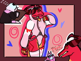 4_eyes anthro bisexual_pride_colors blood blood_on_hand bodily_fluids claws clothing collar drawing_in_a_drawing drawing_tablet duo female heart_symbol hoodie horn legwear lgbt_pride male multi_eye pride_colors stockings swirl tail topwear wings inhabitedartist gloomy_the_naughty_grizzly hellaverse helluva_boss mythology emberlynn_pinkle gloomy_bear satan_(helluva_boss) demon domestic_cat dragon felid feline felis human humanoid mammal mythological_creature mythological_scalie scalie 4:3 absurd_res hi_res