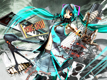 3_fingers accessory belt black_bottomwear black_clothing black_skirt blood blood_splatter blue_eyes blue_hair blue_necktie bodily_fluids bone bone_arm bottomwear clothed clothing cosplay cybernetic_eye cybernetics electronics female fingers grey_clothing grey_shirt grey_topwear group hair headphones long_hair looking_at_viewer machine mechanical_leg medium_hair navel necktie no_bra not_furry_focus open_clothing open_shirt open_topwear pleated_skirt shirt skirt solo_focus text topwear deino_(artist) vocaloid yamaha_corporation calne_ca hatsune_miku magnesium_(deino) television_(deino) arthropod crustacean humanoid isopod malacostracan robot robot_humanoid 2010 3d_(artwork) 4:3 autodesk_3ds_max_(artwork) digital_media_(artwork) english_text remake