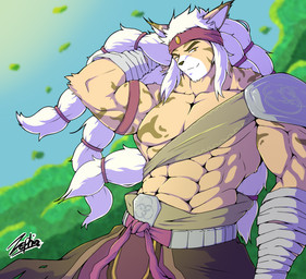 abs anthro biceps big_muscles clothed clothing fur looking_at_viewer male muscular muscular_anthro muscular_male pecs simple_background smile solo standing topless zephir a_fighters_nova_mindara mindara mammal absurd_res digital_media_(artwork) hi_res