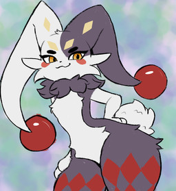 ambiguous_gender anthro black_body black_fur black_nose cheek_tuft eyelashes facial_tuft fur hands_on_hips jester looking_at_viewer markings multicolored_body multicolored_fur neck_tuft pose red_markings solo thick_thighs tuft white_body white_fur wide_hips yellow_eyes yellow_markings xeffy palworld pocketpair dupin_(pal) mammal pal_(species) absurd_res hi_res