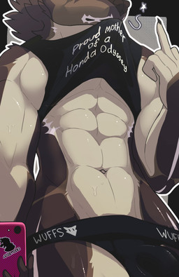 abs anthro athletic athletic_male bodily_fluids bulge clothed clothing clothing_lift electronics fur gesture glistening_abs grey_body grey_fur hand_gesture jockstrap low-angle_view male middle_finger mirror mirror_selfie musclegut muscular phone pose posing_for_picture presenting raised_clothing raised_shirt raised_tank_top raised_topwear selfie shirt shirt_in_mouth shirt_lift solo sweat sweaty_abs tank_top thick_thighs topwear underwear graveyardw0lf honda honda_odyssey dusk_(graveyardw0lf) canid canine canis mammal wolf absurd_res hi_res screentone