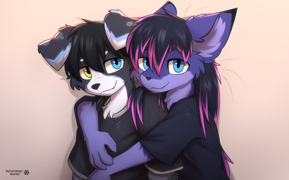 anthro black_body black_clothing black_fur black_hair black_shirt black_topwear blue_body blue_fur clothing cute_fangs fangs floppy_ears freckles fur hair highlights_(coloring) hug inner_ear_fluff long_hair looking_at_viewer lop_ears male multicolored_body multicolored_fur pointy_ears prick_ears purple_highlights romantic romantic_couple shirt short_ears simple_background smile teeth topwear tuft two_tone_body two_tone_fur white_body white_fur snowybark aphelion_darkmoon snowdrift_(snowstormbat) border_collie canid canine canis collie domestic_cat domestic_dog felid feline felis herding_dog mammal pastoral_dog sheepdog 16:10 absurd_res hi_res signature widescreen