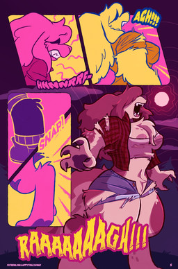 anthro areola areola_slip bottomwear chest_tuft claws clothing detailed_background digitigrade emanata female female_anthro growth moon onomatopoeia open_mouth pawpads sharp_teeth shorts sound_effects standing teeth text torn_clothing transformation tuft puppeypawbs mythology maple_(puppeypawbs) bird_dog canid canine canis domestic_dog hunting_dog mammal mythological_canine mythological_creature spaniel werecanid werecanine werecreature werewolf 2025 comic hi_res url