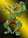 2017 5_fingers 5_toes absurd_res anklet anthro ape blanka blowup_background brown_clothing capcom clothed clothing fangs feet fingers foot-paws full-length_portrait fur gorilla green_body green_fur hair haplorhine hi_res jewelry mammal monotone_hair navel open_mouth opposable_toe orange_body orange_eyes orange_fur orange_hair pink_tongue portrait primate sharp_teeth simple_background solo street_fighter teeth toes tongue topless