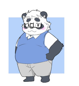 anthro black_body black_nose blush bottomwear chibi clothing eyewear glasses kemono male overweight overweight_male shirt shorts simple_background solo topwear white_body inunoshippo vtuber sasayama_akira bear giant_panda mammal 2022 low_res