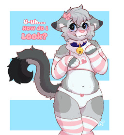 anthro arm_warmers armwear bashful bell bell_collar blep blue_collar blue_eyes blush bottomwear bow_ribbon clothed clothing collar crop_top dipstick_ears dipstick_fingers dipstick_tail ear_markings eyewear femboy fur glasses gold_bell grey_body hair heart_symbol knock-kneed leg_warmers legwear male markings midriff multicolored_ears panties pink_nose ribbons shirt shorts shy side_eye simple_background smile solo spots spotted_markings tail tail_markings text thigh_highs tongue tongue_out topwear underwear whiskers artistic_dot nixuelle domestic_cat egyptian_mau felid feline felis mammal 2025 absurd_res digital_media_(artwork) english_text hi_res