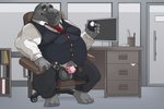 anthro balls black_body chair clothing detailed_background furniture genitals humanoid_hands inside kemono male necktie office overweight overweight_anthro overweight_male penis shirt sitting solo topwear bluewhale127 mammal 2020 3:2 hi_res