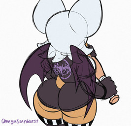 anthro baseball_bat bat_(object) big_butt bottomwear butt clothing female hair hotpants jacket leather leather_clothing leather_jacket leather_topwear looking_away shorts simple_background solo tan_body tan_skin tight_clothing topwear white_background white_hair wide_hips omegasunburst sega sonic_the_hedgehog_(series) rouge_the_bat bat mammal colored_sketch hi_res sketch