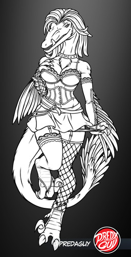 alternative_fashion anthro arm_stockings armwear asymmetrical_clothing bared_fangs bared_teeth bedroom_eyes belt belt_accessory bottomwear bra breasts chest_tuft choker claws cleavage clothed clothing clothing_pull corset curvy_figure eyebrow_piercing facial_piercing feather_fur feather_hair feathered_wings feathers female female_anthro fishnet_armwear fishnet_clothing fishnet_leggings fishnet_legwear fishnet_thigh_highs footwear furgonomic_armwear furgonomic_footwear furgonomics garter_straps goth gradient_background grey_background hand_on_breast hourglass_figure jewelry lace_bra leggings legwear licking licking_lips licking_own_lips lingerie logo looking_at_viewer miniskirt narrowed_eyes navel necklace non-mammal_breasts non-mammal_navel on_one_leg panties panty_pull piercing pseudo_hair raised_leg scuted_feet scuted_hands scutes seductive sickle_claw simple_background skirt solo standing stockings tail tail_feathers teeth text thigh_highs toe_claws tongue tongue_out topwear tuft underwear underwear_pull wings predaguy yvette_(spe) dinosaur dromaeosaurid feathered_dinosaur feathered_scalie prehistoric_species pyroraptor reptile saurischian scalie theropod artist_logo artist_name hi_res line_art monochrome