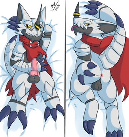 anthro anus backsack balls butt cape clothing dakimakura erection genitals horn knot male penis solo white_body yellow_eyes sveemon bandai_namco digimon digimon_(species) hackmon scalie dakimakura_design hi_res