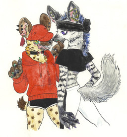 accessory alternative_fashion anthro blush bottomwear claws clothed clothing collar colored_nails duo ear_piercing ear_ring facial_piercing female fur furgonomics grey_body grey_fur hair hat headgear headwear hoodie markings nails piercing purple_eyes ring_piercing shirt shorts simple_background spots tail topwear white_background kyokyota mihana_(kyokyota) quito_(kyokyota) hyena mammal spotted_hyena striped_hyena 2018 hi_res traditional_media_(artwork)