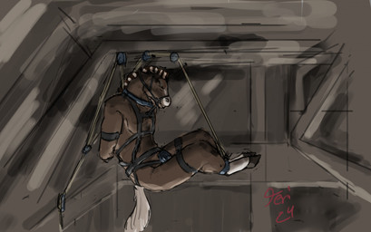 anthro arms_tied_behind_back bdsm bondage_gear bound brown_body brown_fur ceiling eyes_closed fur hanging_from_rope hooves inside male solo storage storage_room wall_(structure) wood wood_wall jeri_kleinlowe equid equine horse mammal 2024 colored dated hi_res signature