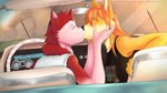 anthro car clothed clothing dashboard duo female female/female fur inside_car kiss_on_lips kissing kissing_another_girl rearview_mirror red_body red_fur seats shirt sitting steering_wheel t-shirt topwear vehicle jakinsstudio thelma_and_louise alaskan_malamute canid canine canis domestic_dog fox mammal nordic_sled_dog red_fox spitz true_fox 2023 hi_res