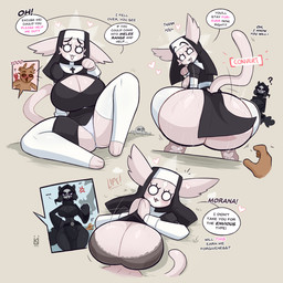 anthro big_butt biped black_body black_clothing breasts bulge butt clothed clothing dialogue female gynomorph huge_butt intersex legwear nun panties speech_bubble text thigh_highs underwear white_clothing wide_hips kilinah mewgenics felid feline mammal 1:1 english_text hi_res