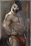 anthro biped bottomwear bulge clothed clothing ear_piercing fingers fur hair holding_melee_weapon holding_object holding_polearm holding_spear holding_weapon industrial_piercing loincloth loincloth_only male male_anthro melee_weapon muscular muscular_anthro muscular_male pecs piercing polearm simple_background solo spear standing tail topless weapon dimonis marcas_macmanus equid equine horse mammal digital_media_(artwork) digital_painting_(artwork) hi_res painting_(artwork)