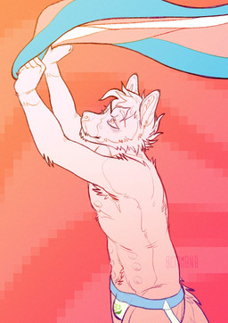 abstract_background anthro clothed clothing flag flag_(object) hair holding_flag holding_object lgbt_pride male male_anthro mastectomy_scar messy_hair mouth_closed multi_nipple narrowed_eyes nipples pride_colors scar short_hair side_view solo standing topless transgender_pride_colors 0ct0m0n0 canid canine mammal absurd_res hi_res