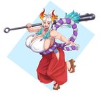 asian_clothing big_breasts breasts clothing club_(weapon) east_asian_clothing female footwear geta holding_club holding_melee_weapon holding_object holding_weapon horn huge_breasts japanese_clothing looking_at_viewer looking_back looking_back_at_viewer melee_weapon nipple_outline not_furry solo vein veiny_breasts weapon sundown_(artist) asian_mythology east_asian_mythology japanese_mythology mythology one_piece yamato_(one_piece) demon horned_humanoid humanoid oni yokai absurd_res hi_res