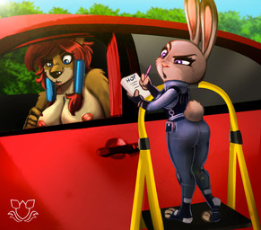 anthro big_breasts blue_eyes braided_hair breasts brown_body brown_fur butt car clothed clothing confusion countershade_face countershade_torso countershading detailed_background duo ears_up erect_nipples female fur gloves grey_body grey_fur hair hand_on_breast handwear holding_object holding_paper holding_pen inside_car inside_vehicle looking_at_breasts looking_down nipples open_mouth outside paper pen police police_uniform purple_eyes red_car red_hair small_tail stepladder tail text topless uniform vehicle writing_text feliciafennec disney zootopia judy_hopps wolf_nanaki canid canine canis lagomorph leporid mammal rabbit red_wolf wolf digital_media_(artwork) english_text