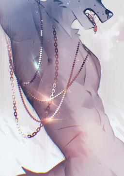 anthro big_muscles chain male muscular muscular_anthro muscular_male nude_anthro nude_male scar solo tongue tongue_out hemuchang canid canine canis mammal wolf 2022 hi_res